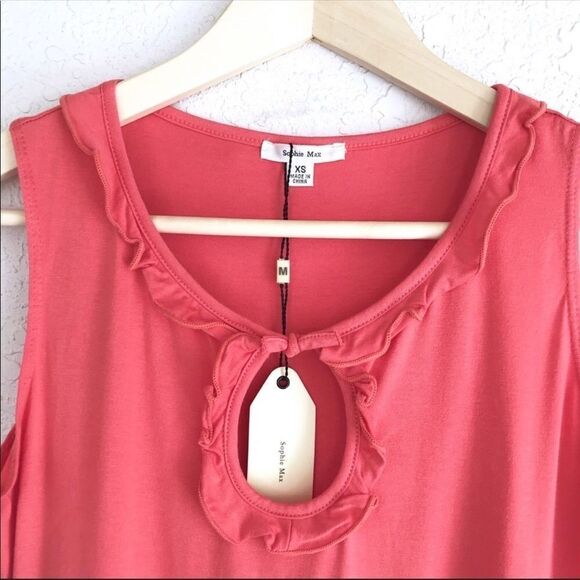 SOPHIE MAX Coral Pink Tank Top‎ Ruffle Sleeveless Stretch Keyhole Summer XS New - Picture 5 of 10
